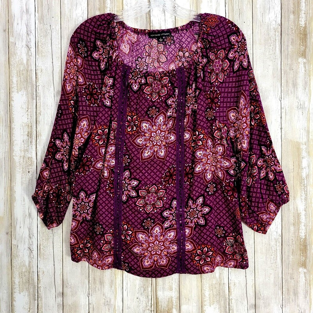 Adrienne Vittadini Womens Boho  Floral Blouse Purple Sz S
